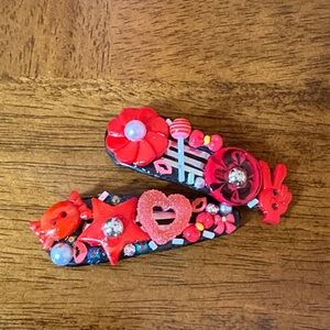 Red Decorative handmade junk Hair Clips – Fun Embellished Pair